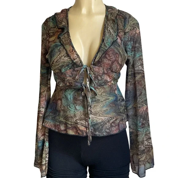 Wild Fable Sleeve Blouse Boho XS Sheer Mesh Tie Front Long Retro Y2K Top - Picture 1 of 5
